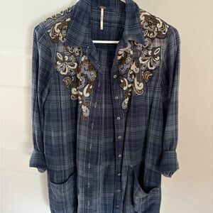 Free People Navy Plaid Embroidered Shirt